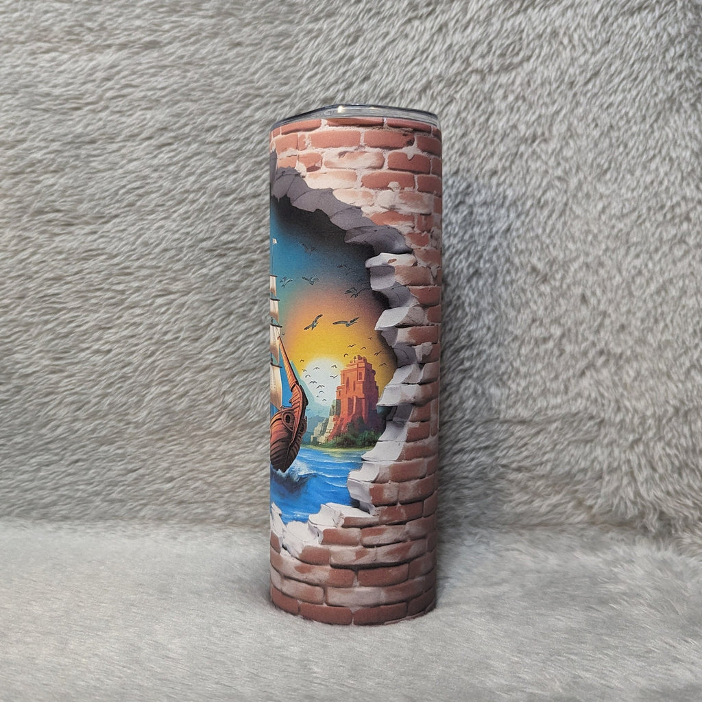 Sailboat Ship Hole In The Wall Design Tumbler, 3D Design Ship Tumbler, Includes A Plastic Reusable Straw, Hot Or Cold Drinks, Home Or Work