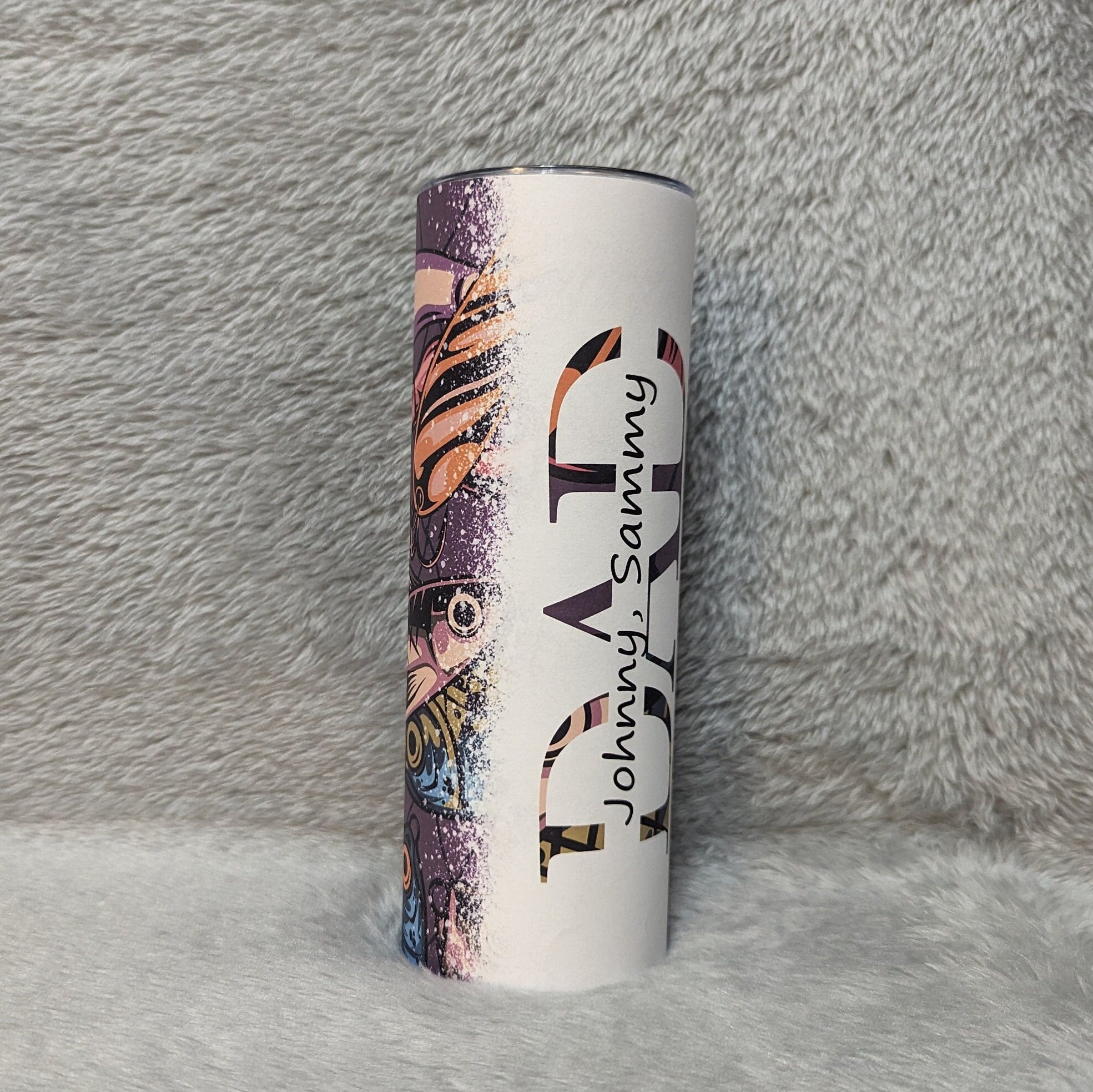Dad Tumbler With Fishing Lures and Children's Names added In The Word Dad, 20oz Tumbler with straw, Gif For Dad, Hot Cold Drinkware
