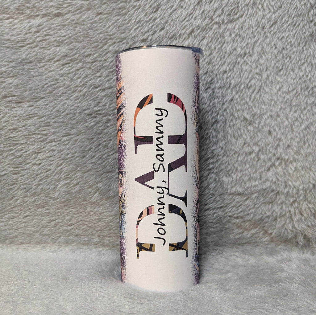 Dad Tumbler With Fishing Lures and Children's Names added In The Word Dad, 20oz Tumbler with straw, Gif For Dad, Hot Cold Drinkware