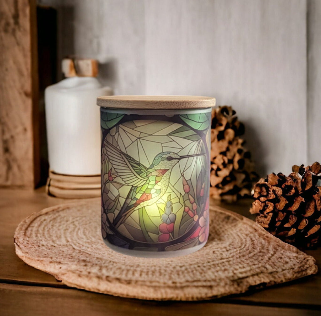 Stained Glass Hummingbird Candle Holder With A Battery Operated Flickering Tea Light