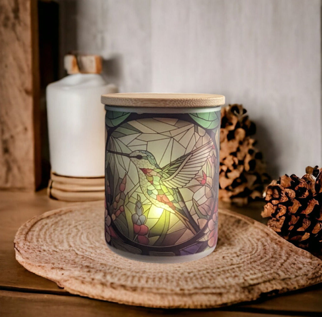 Stained Glass Hummingbird Candle Holder With A Battery Operated Flickering Tea Light