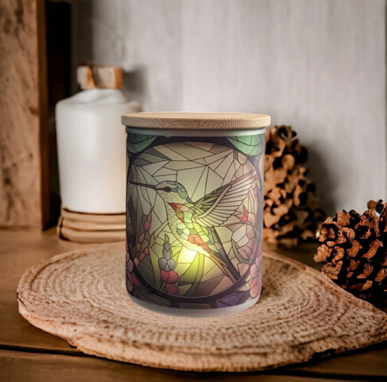 Stained Glass Hummingbird Candle Holder With A Battery Operated Flickering Tea Light