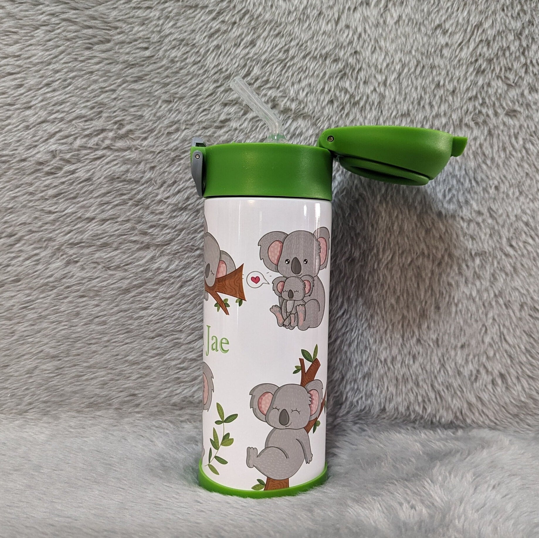 Kids Koala Bear Water Bottle 12oz With Reusable Straw Can Be Personalized