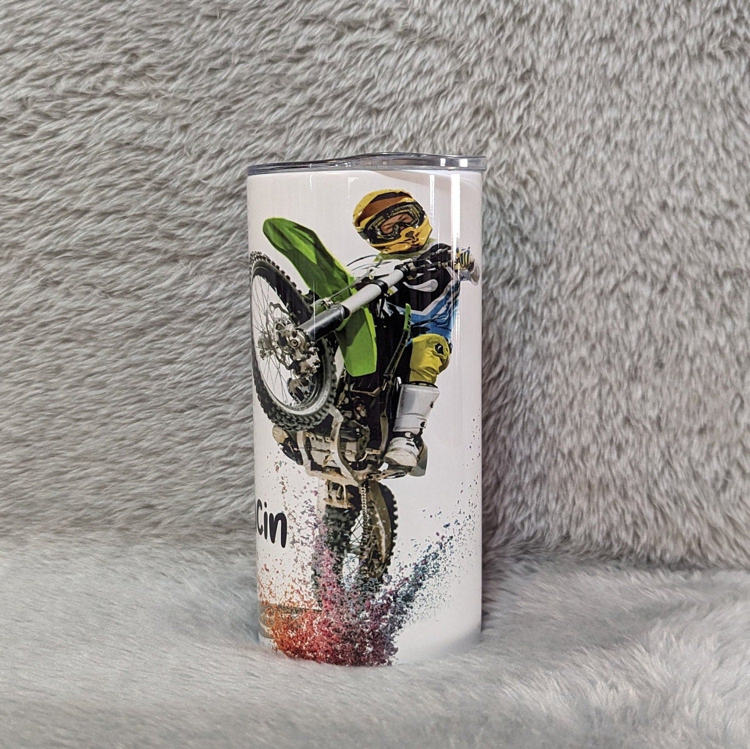 Kids Dirt Bike Tumbler with Plastic Straw, Kids Dirt bike Tumbler Personalized, Kids Dirt Bike Cup With Name, Stainless Steel Insulated Cup