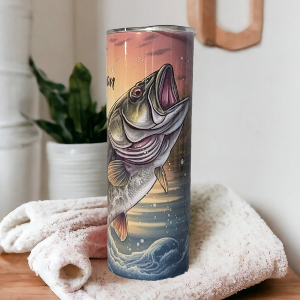 Bass Fish Tumbler 20oz With Reusable Straw, Can Be Personalized