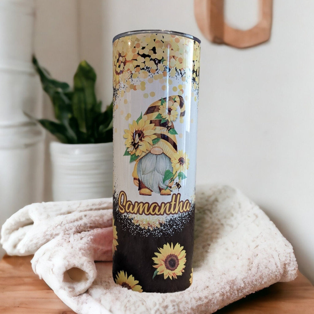 Sunflower Gnome  Tumbler 20oz With Reusable Straw, Can Be Personalized