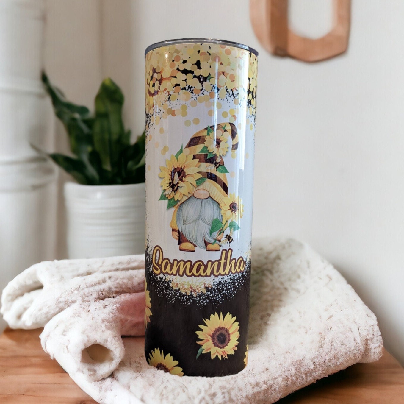 Sunflower Gnome  Tumbler 20oz With Reusable Straw, Can Be Personalized