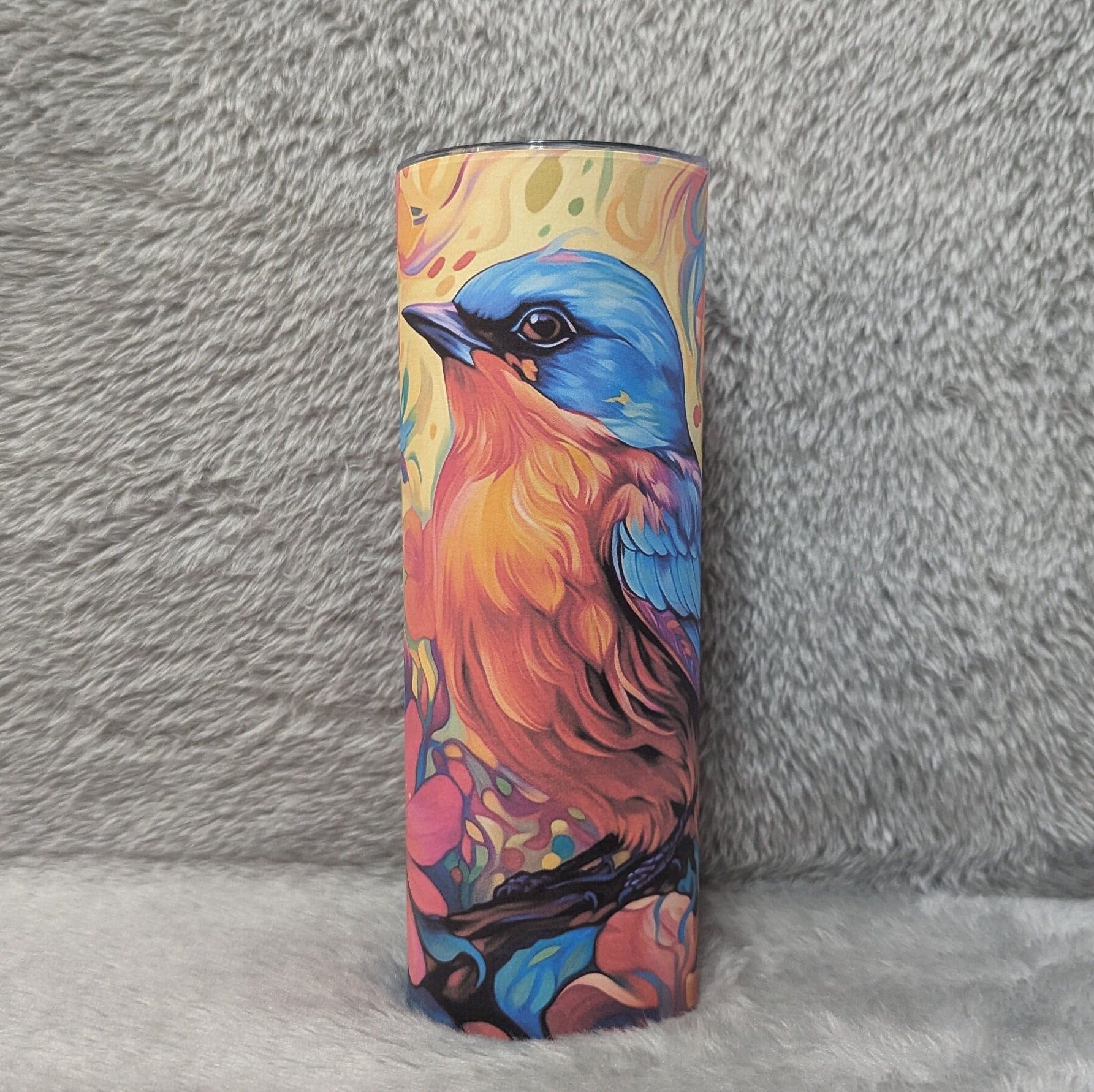 Floral Blue Bird Tumbler 20oz With Reusable Straw, Can Be Personalized