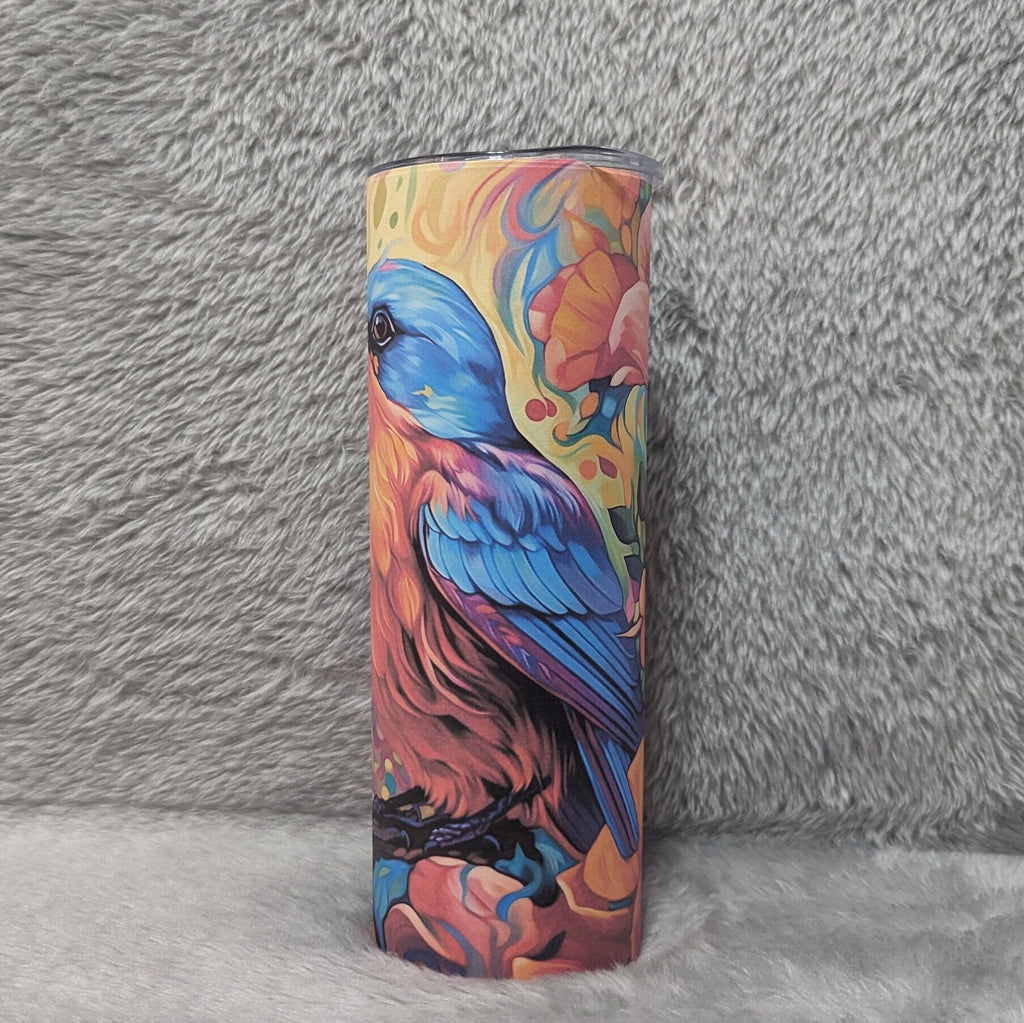 Floral Blue Bird Tumbler 20oz With Reusable Straw, Can Be Personalized