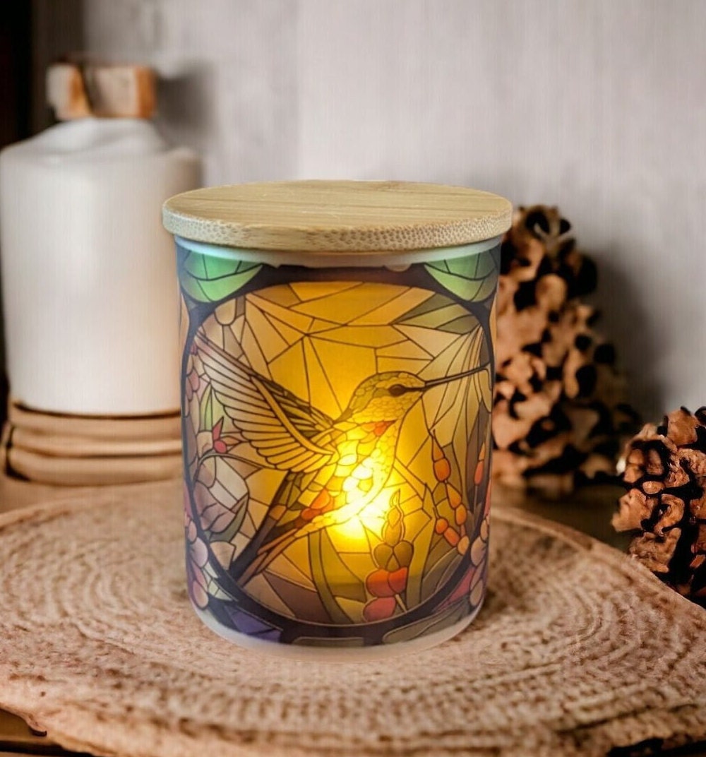 Stained Glass Hummingbird Candle Holder With A Battery Operated Flickering Tea Light
