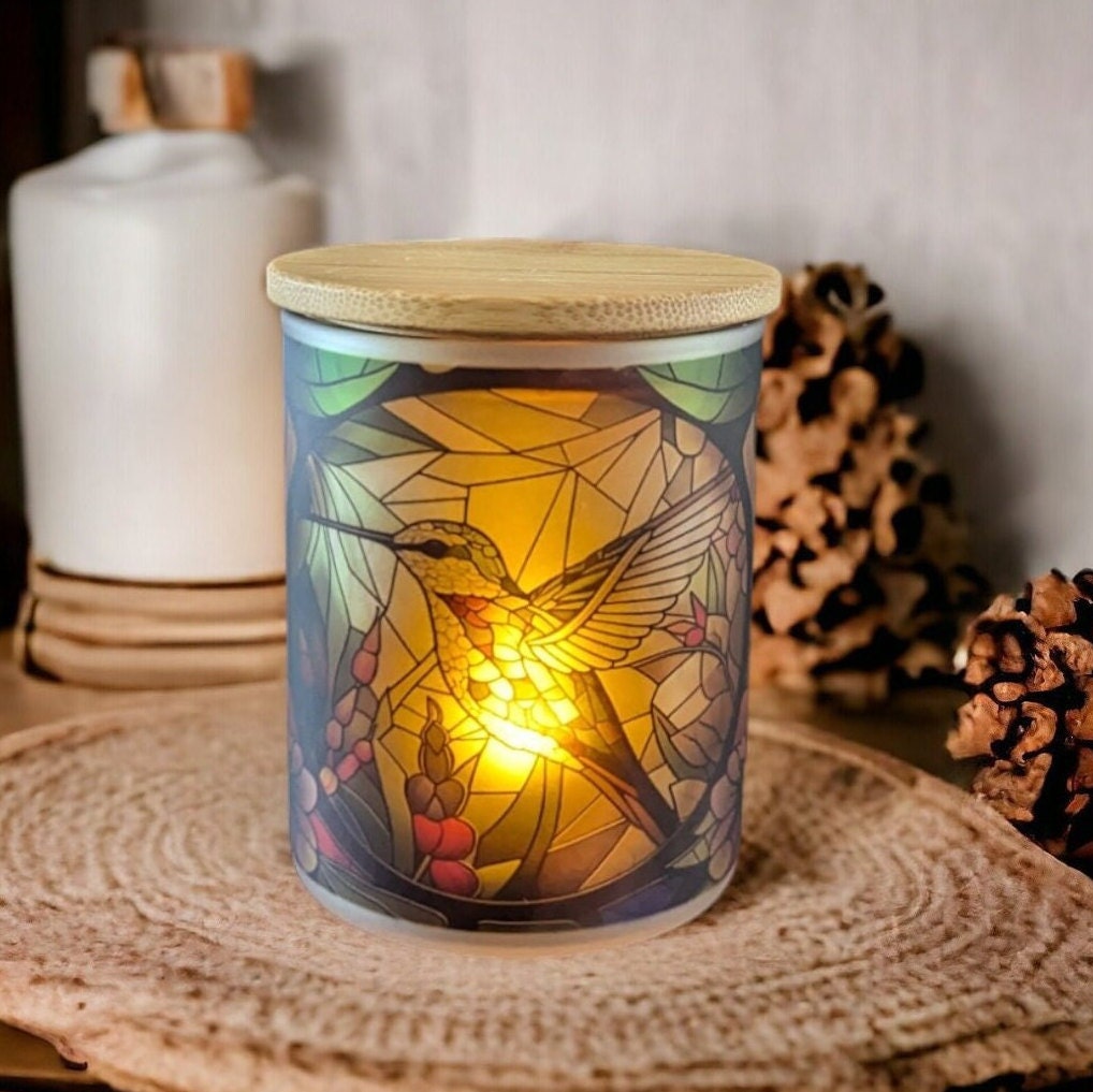 Stained Glass Hummingbird Candle Holder With A Battery Operated Flickering Tea Light