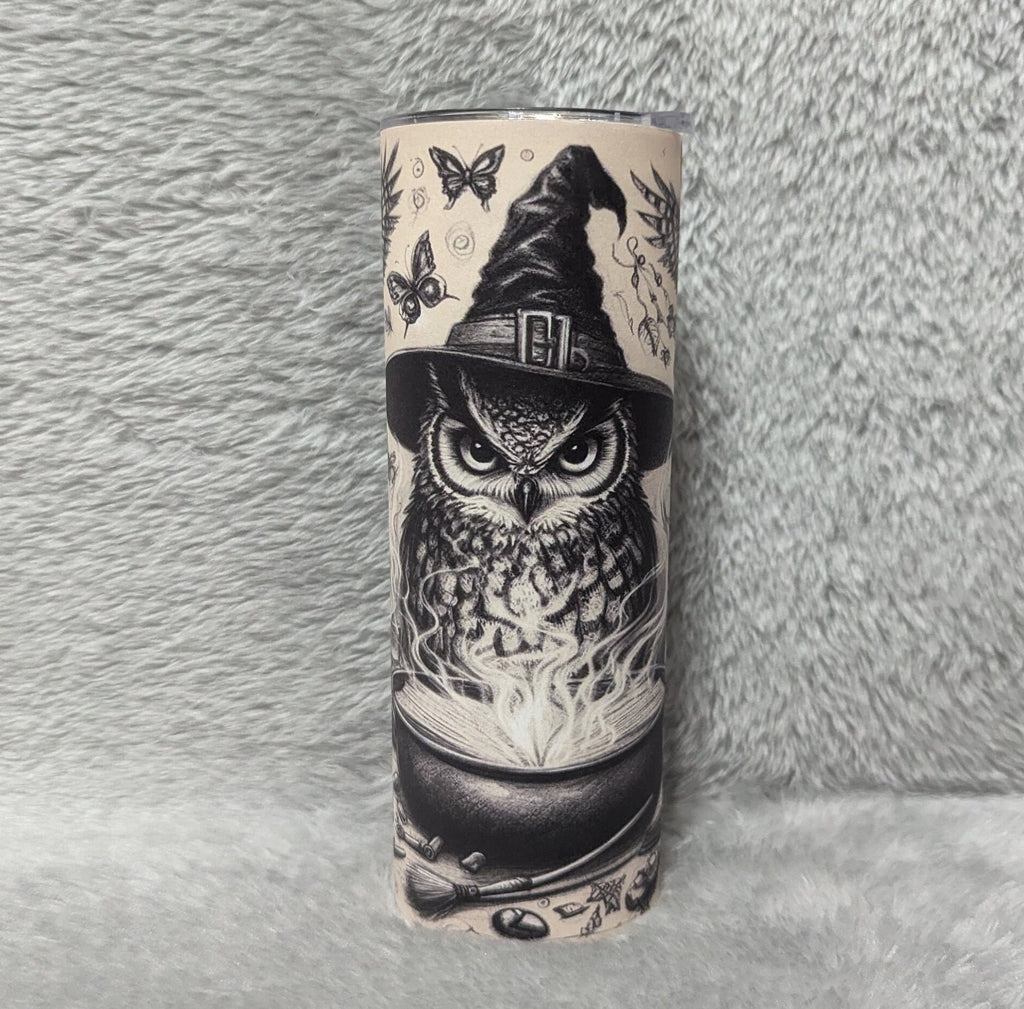 Witchy Owl Tumbler - Magic Owls with Witch Hats, Cauldron, and Skulls - Spooky Drink Cup Includes Reusable Straw. For Hot Or Cold Drinks