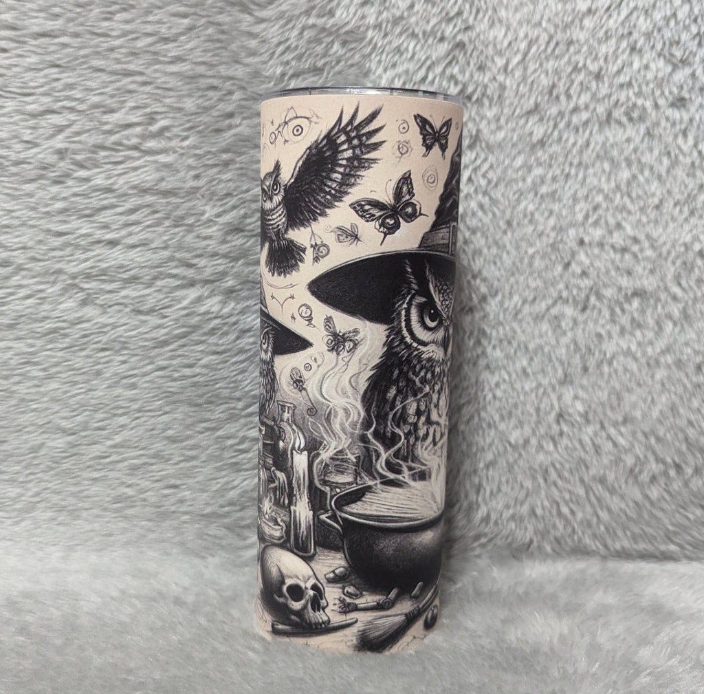 Witchy Owl Tumbler - Magic Owls with Witch Hats, Cauldron, and Skulls - Spooky Drink Cup Includes Reusable Straw. For Hot Or Cold Drinks