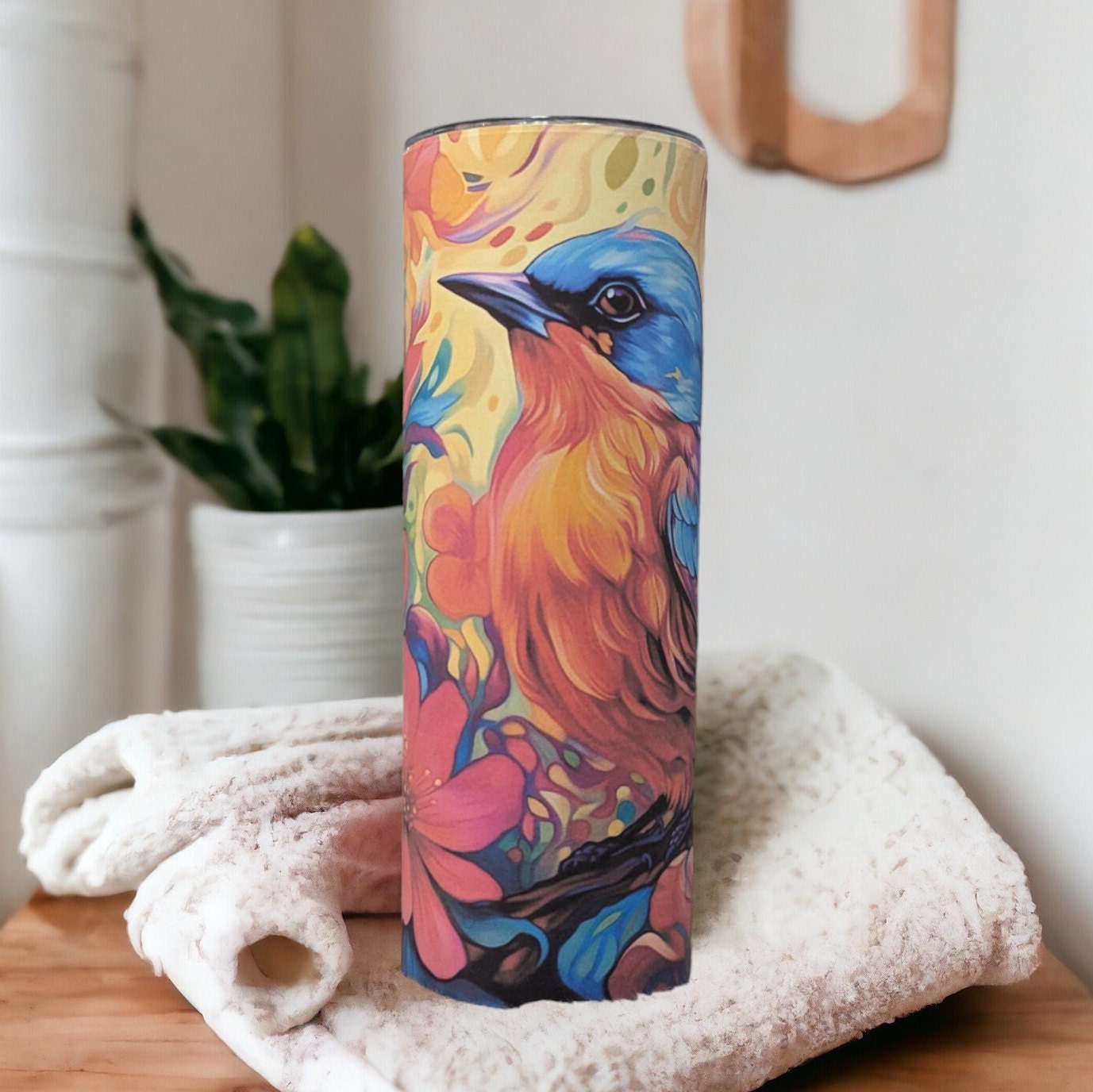 Floral Blue Bird Tumbler 20oz With Reusable Straw, Can Be Personalized