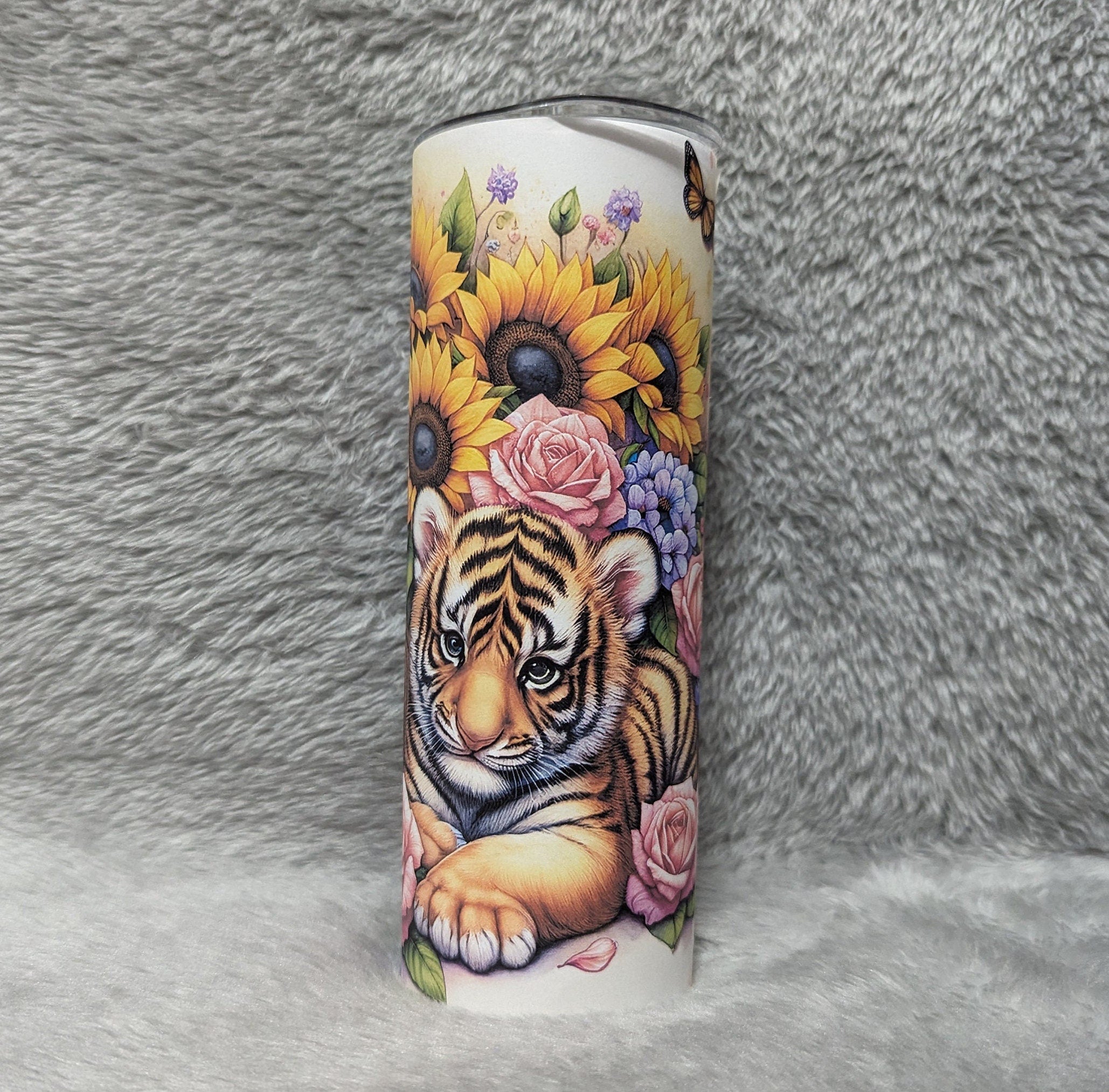 Beautiful Tiger Tumbler With Tiger Cubs and Flowers, Can Be Personalized, Tiger Cup With Name, 20oz  Tumbler With Straw, Tiger Lover Gift