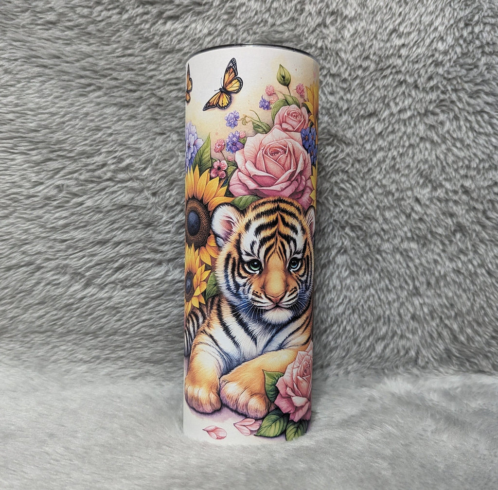 Beautiful Tiger Tumbler With Tiger Cubs and Flowers, Can Be Personalized, Tiger Cup With Name, 20oz  Tumbler With Straw, Tiger Lover Gift