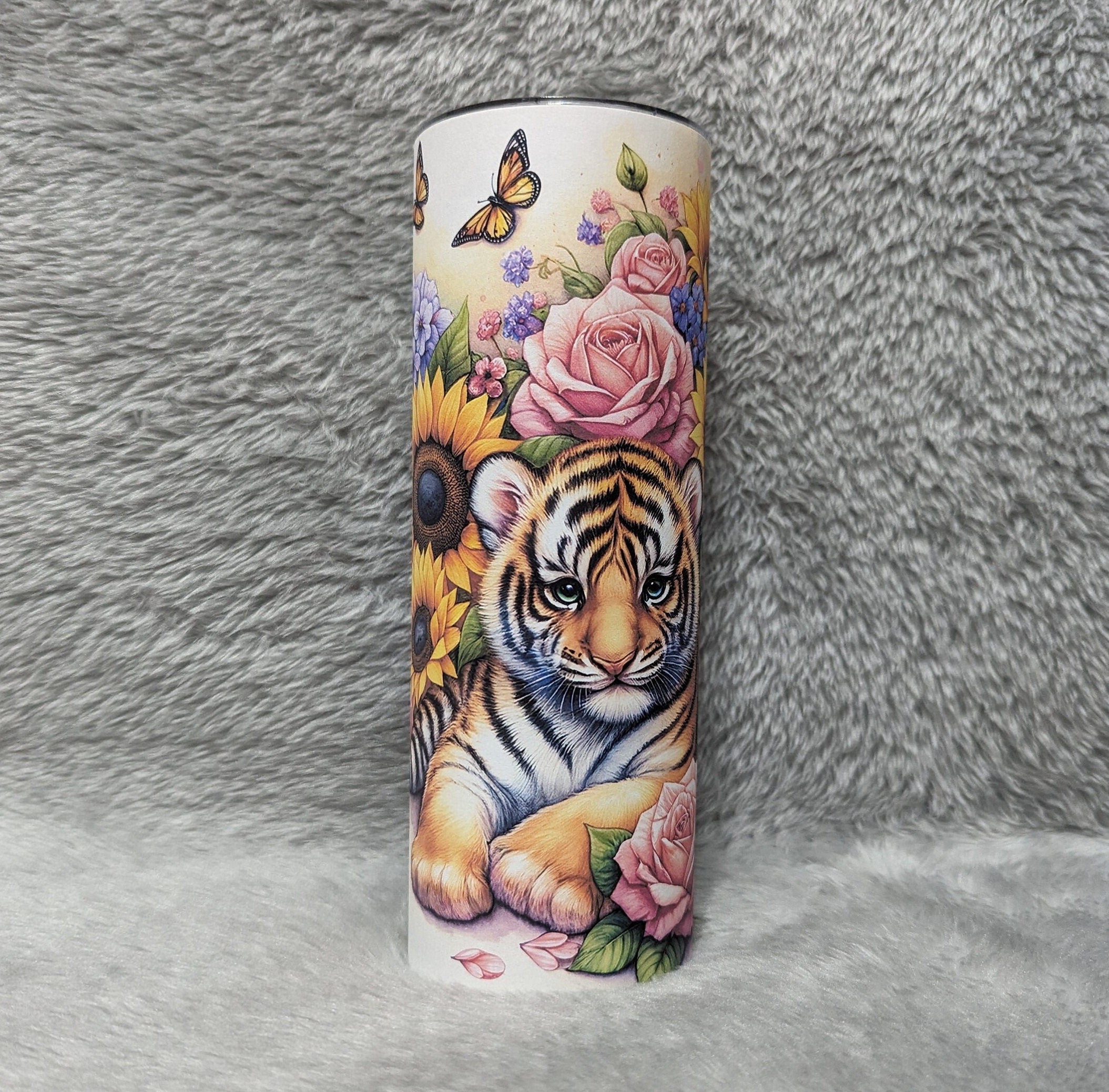 Beautiful Tiger Tumbler With Tiger Cubs and Flowers, Can Be Personalized, Tiger Cup With Name, 20oz  Tumbler With Straw, Tiger Lover Gift