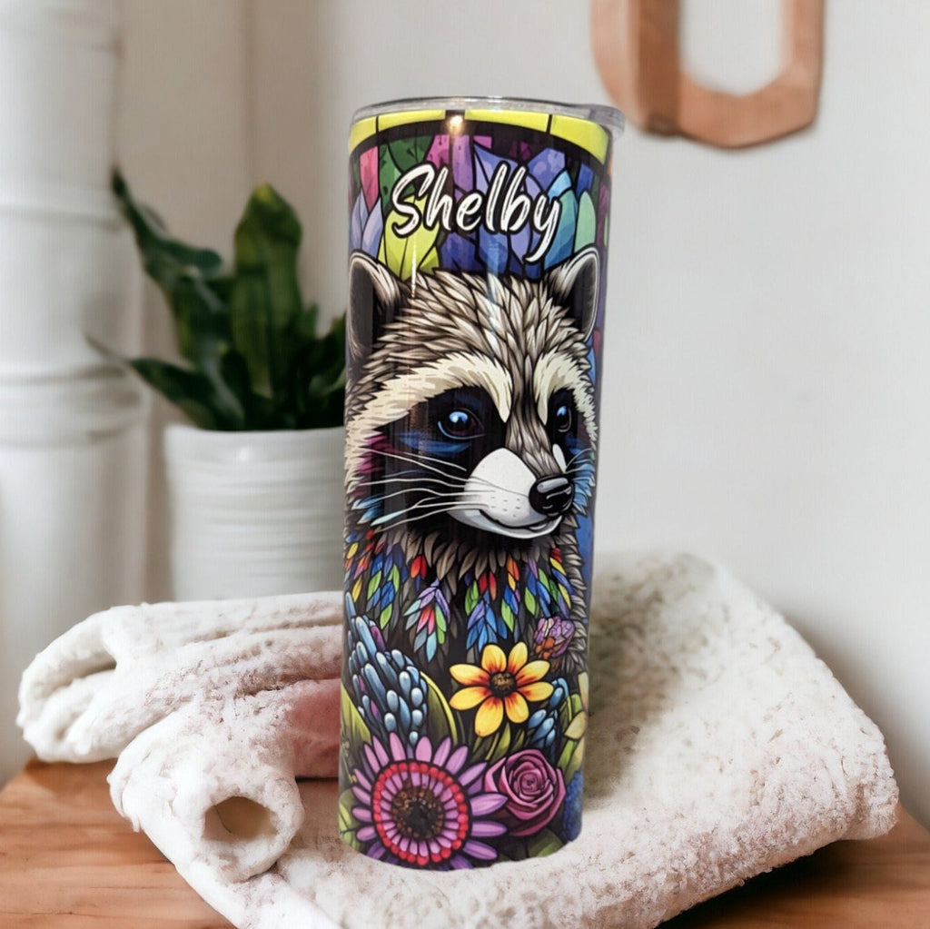 Beautiful Raccoon Tumbler With A Stained Glass Design, Includes Lid and Plastic Straw, Colorful Raccoon Cup, Personalized Tumbler