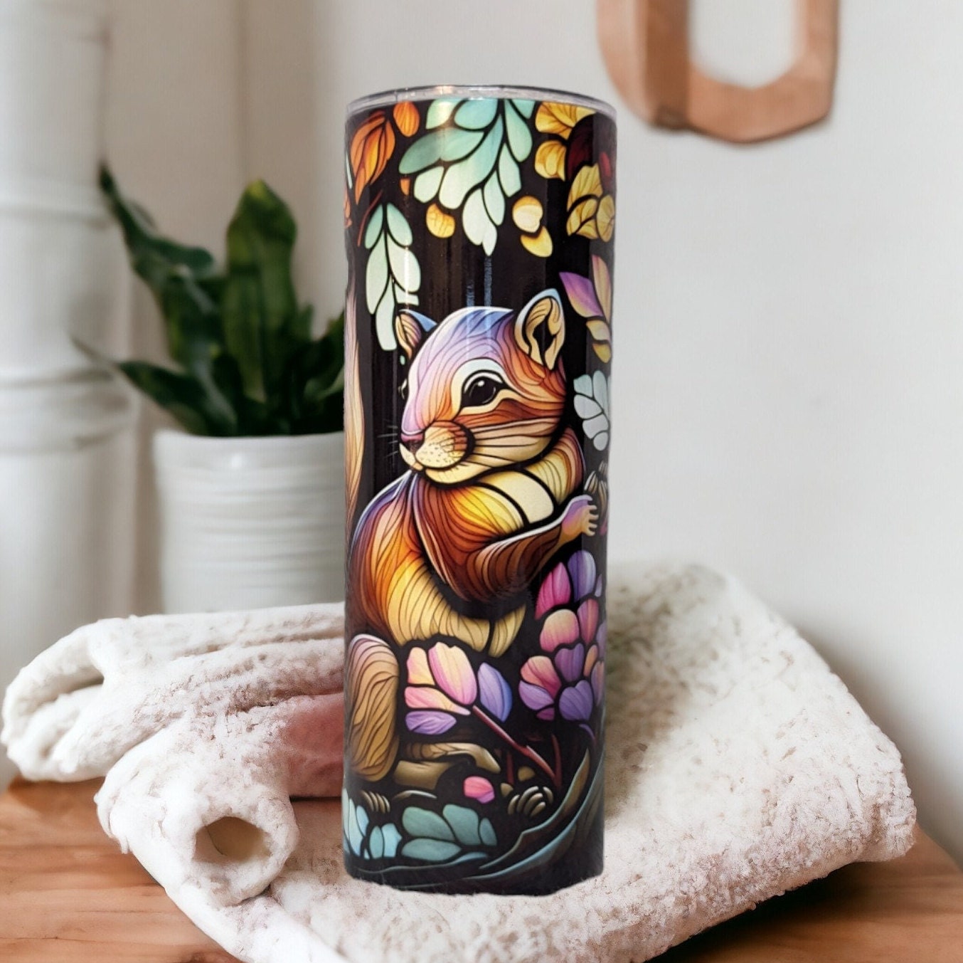 Pretty Squirrel Tumbler With A Stained Glass Design, Colorful Squirrel Cup, Nature Lover Gift, Insulated Tumbler With Reusable Straw