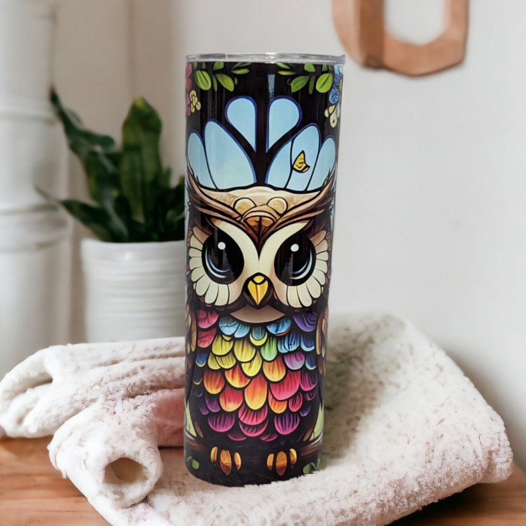 Owl Tumbler With Stained Glass Design 20oz With Reusable Straw, Can Be Personalized