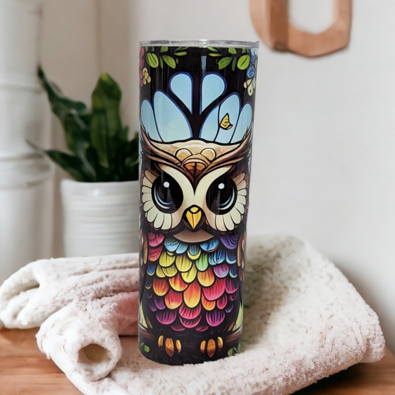 Owl Tumbler With Stained Glass Design 20oz With Reusable Straw, Can Be Personalized