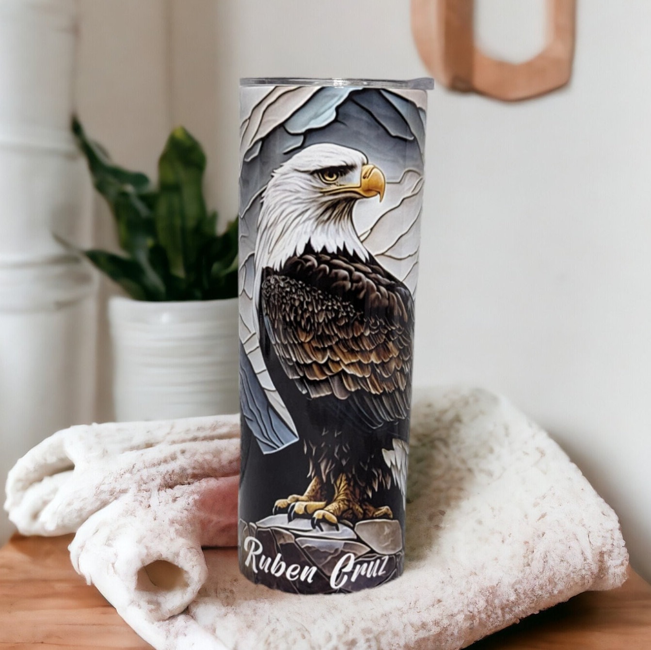 Eagle Tumbler With A Stained Glass Design, Personalized Eagle Cup, Wildlife Tumbler, Eagle Lover Gift, 20oz Tumbler With Straw