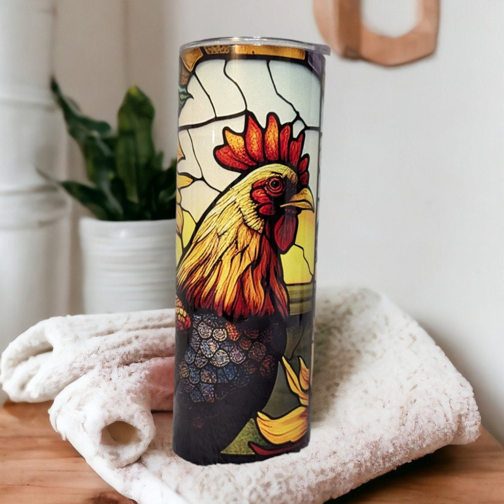Colorful Rooster Tumbler With A Stained Glass Design 20oz With Reusable Straw, Can Be Personalized