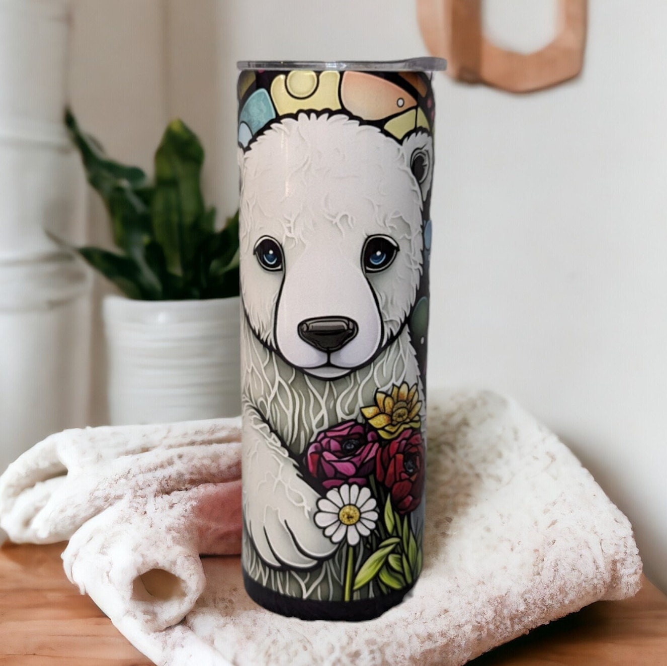 Polar Bear Tumbler With A Stained Glass Design, Bear Tumbler, Bear Cup With Name, Polar Bear Cup, Bear Gifts, Polar Bear Gifts