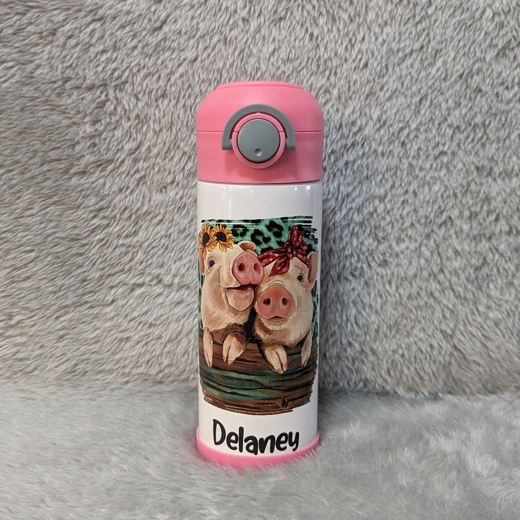 Kids Pig Water Bottle 12oz With Reusable Straw Can Be Personalized