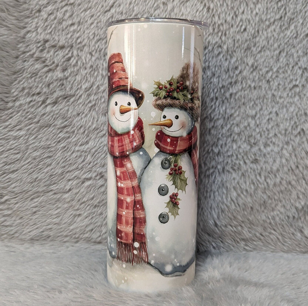 Festive Snowman Tumbler With A Snowman Couple in A Winter Scene, Great Gift For Winter and Snowman Lover, Includes a Lid and Straw