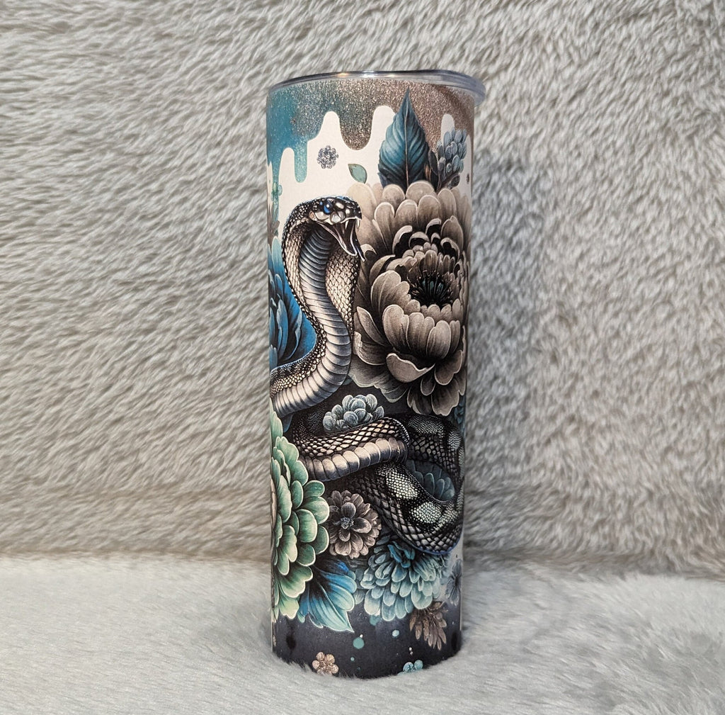 Cobra Snake Tumbler with Flowers in Blue and Green and a  Glitter Drip Design, Cup With Name, Includes Reusable Straw, Hot Or Cold Drinks