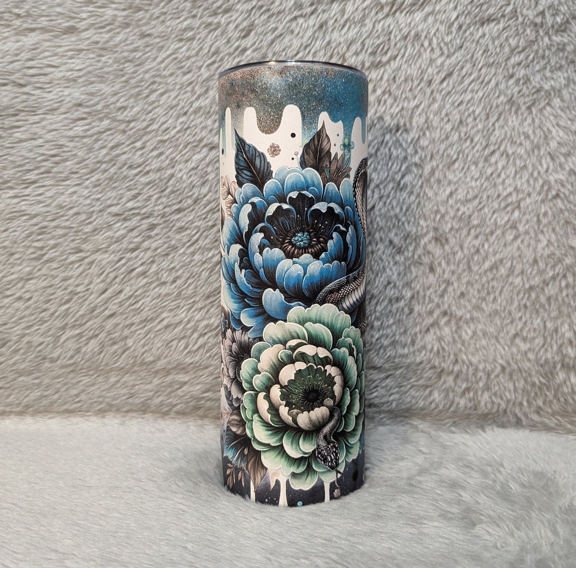 Cobra Snake Tumbler with Flowers in Blue and Green and a  Glitter Drip Design, Cup With Name, Includes Reusable Straw, Hot Or Cold Drinks