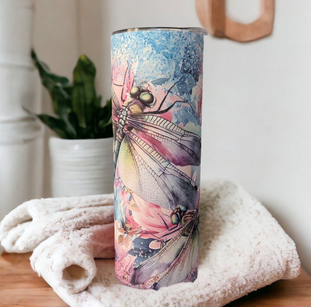 Dragonfly Tumbler With Dragonflies and Flowers, Can Be Personalized, Cup With Name,  20oz Insulated Tumbler with Straw For Every Day Use
