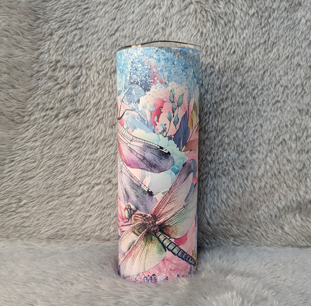 Dragonfly Tumbler With Dragonflies and Flowers, Can Be Personalized, Cup With Name,  20oz Insulated Tumbler with Straw For Every Day Use