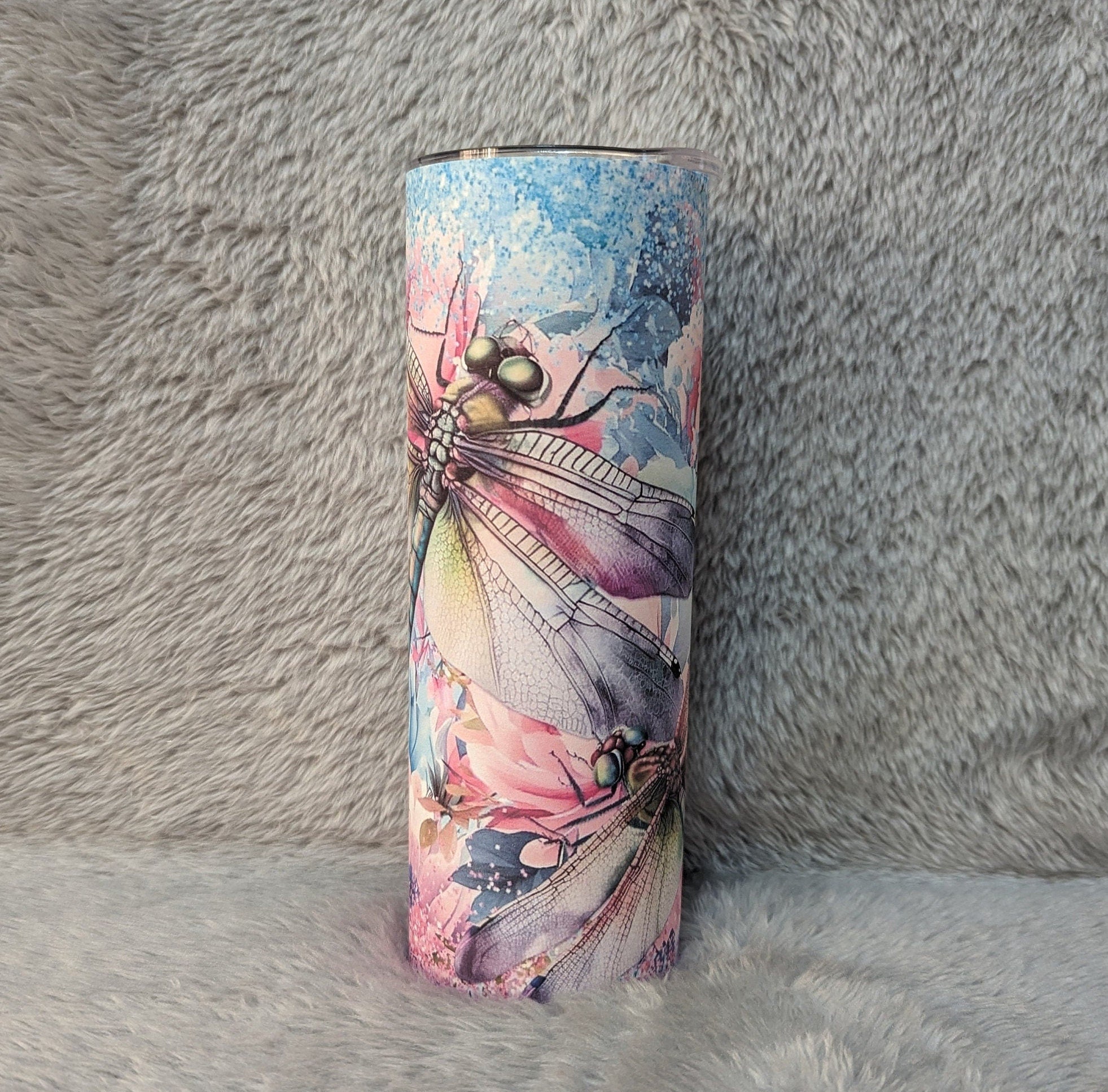 Dragonfly Tumbler With Dragonflies and Flowers, Can Be Personalized, Cup With Name,  20oz Insulated Tumbler with Straw For Every Day Use