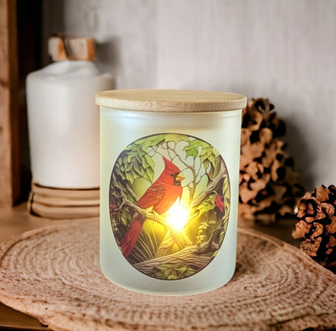 Stained Glass Design Red Cardinal Candle Holder with Flickering Tea Light
