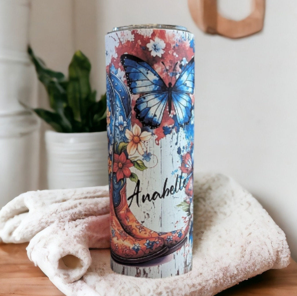 Patriotic Country Cowgirl Boots Tumbler With Straw, Girls Cowgirl Boots Flowers and Butterflies, Personalized Cowgirl Tumbler, Gift For Her