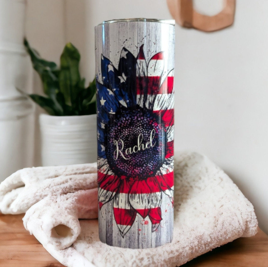 Patriotic Sunflower Tumbler Personalized, Patriotic Sunflower Cup With Name, Patriotic Flower Gift, Gift For Her, Hot Or Cold Drinkware