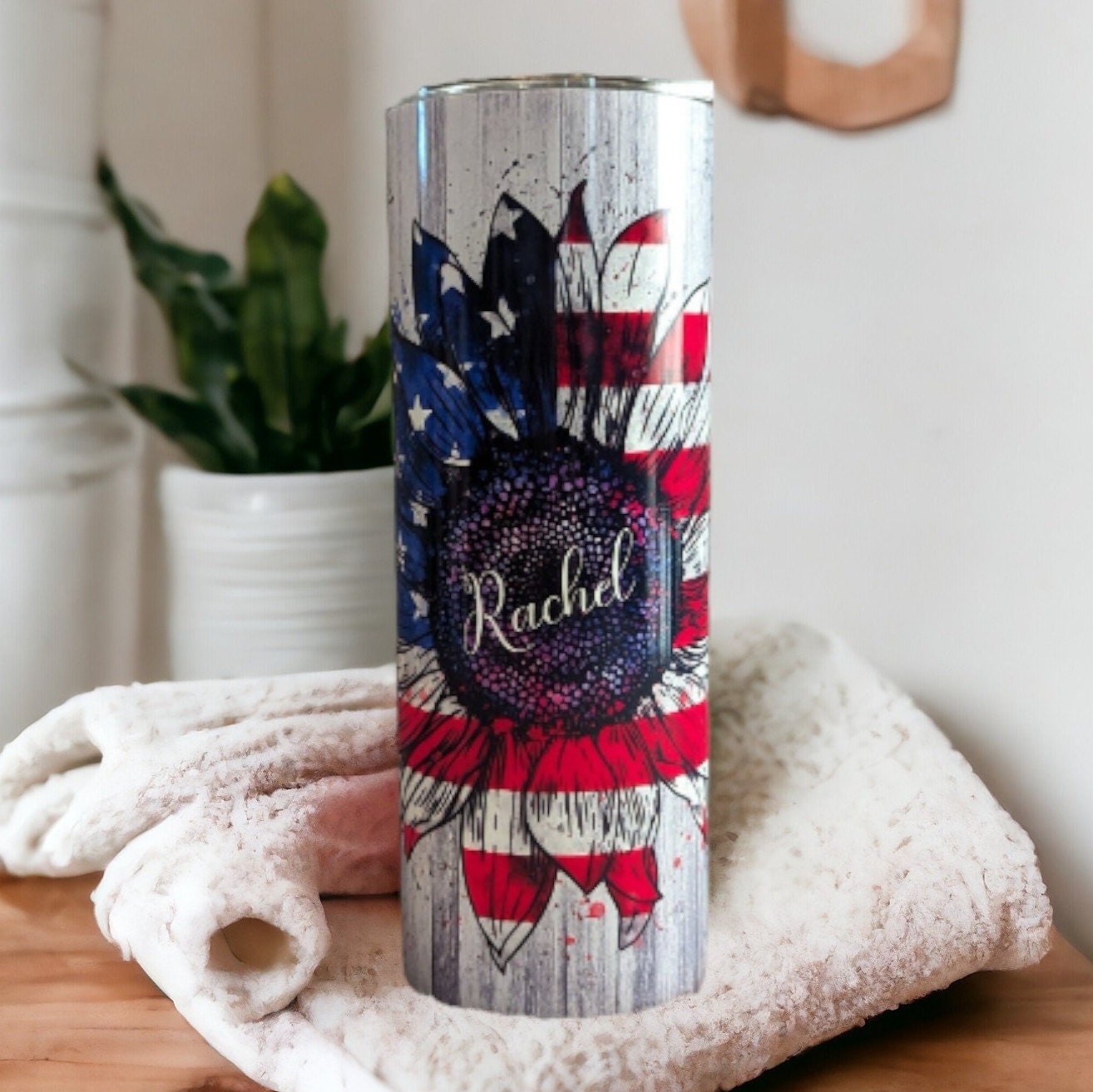 Patriotic Sunflower Tumbler Personalized, Patriotic Sunflower Cup With Name, Patriotic Flower Gift, Gift For Her, Hot Or Cold Drinkware
