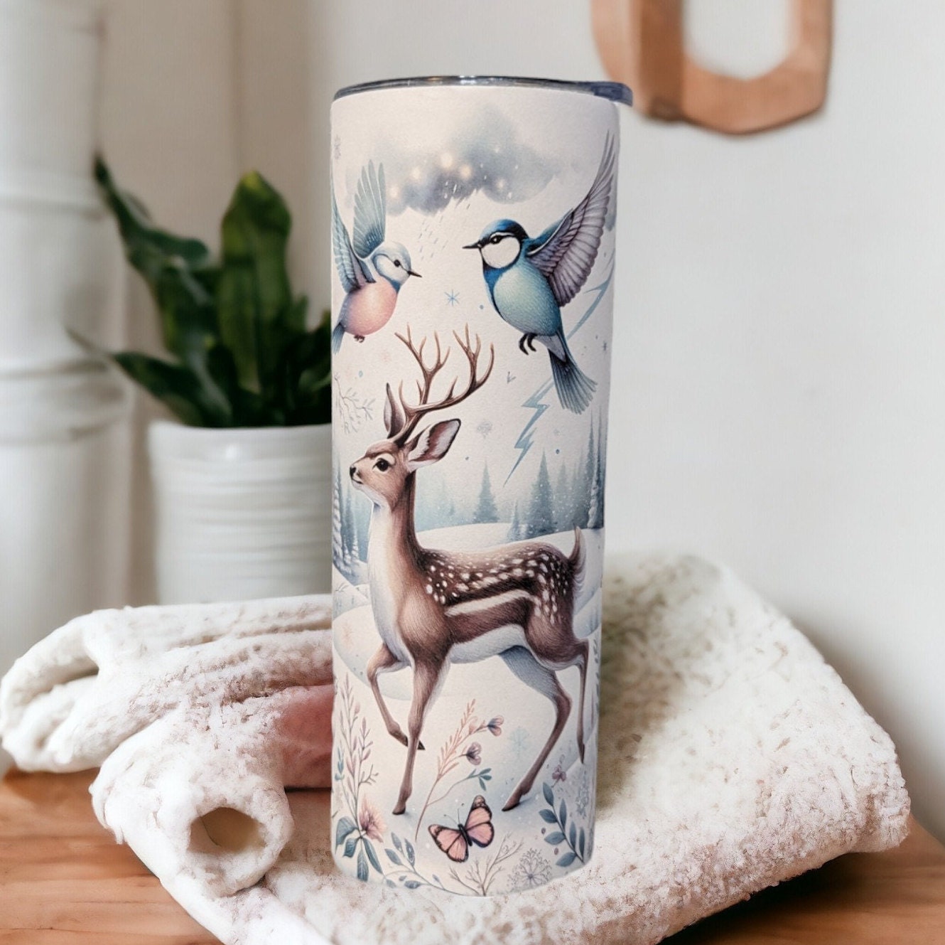 Adorable Deer Tumbler Featuring Whimsical Wild Woodland Animals 20oz With Reusable Straw, Can Be Personalized