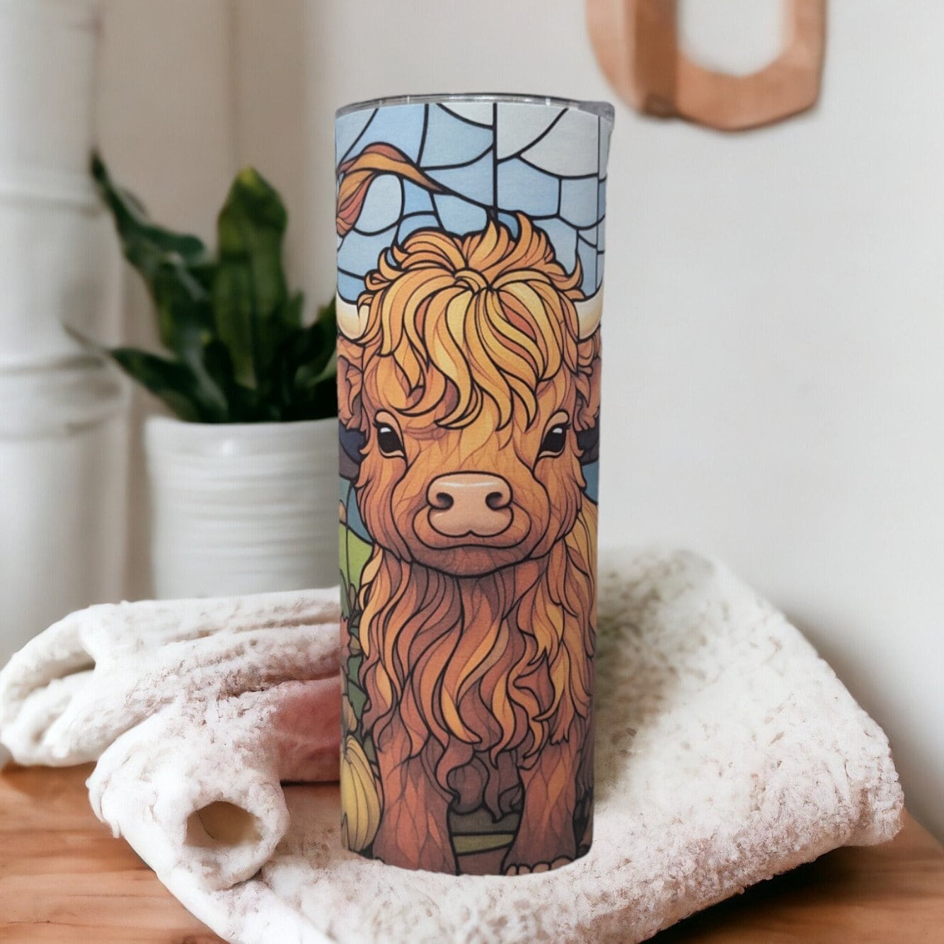 Highland Cow Calf Tumbler With Stained Glass Design, Can Be Personalized, Includes Reusable Straw, Cow Cup With Name, Hot Cold Drinkware