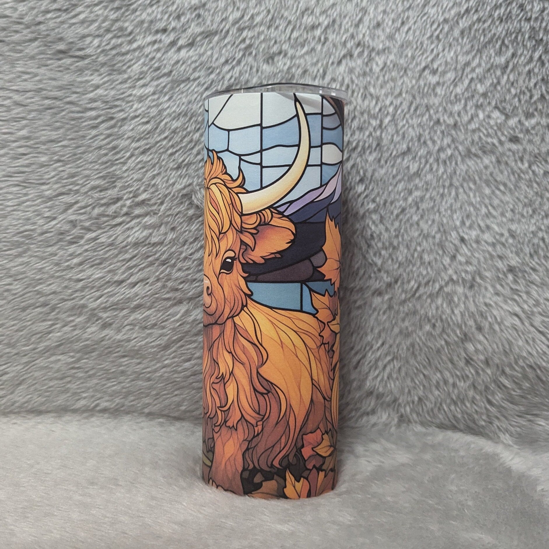 Highland Cow Calf Tumbler With Stained Glass Design, Can Be Personalized, Includes Reusable Straw, Cow Cup With Name, Hot Cold Drinkware