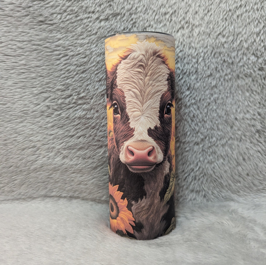 Adorable Cow Tumbler With A Brown and White Calf and Sunflowers, With An Embroidered Design, Calf Tumbler, Cow With Sunflowers, Cow Gifts