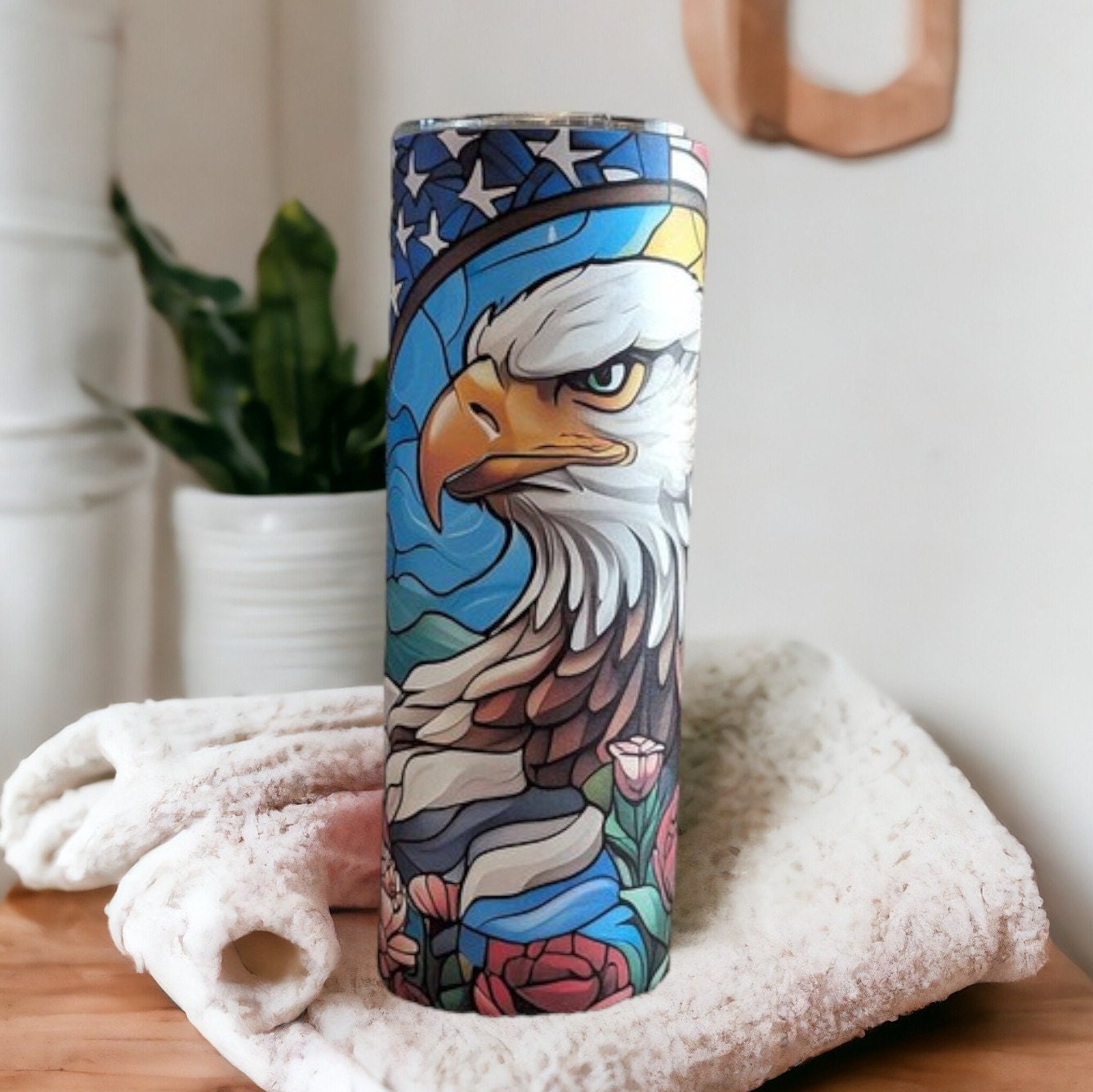 Beautiful Patriotic Eagle Tumbler With A Stained Glass Design, Eagle Cup, Patriotic Eagle Cup, Great Gift For Eagle Lover