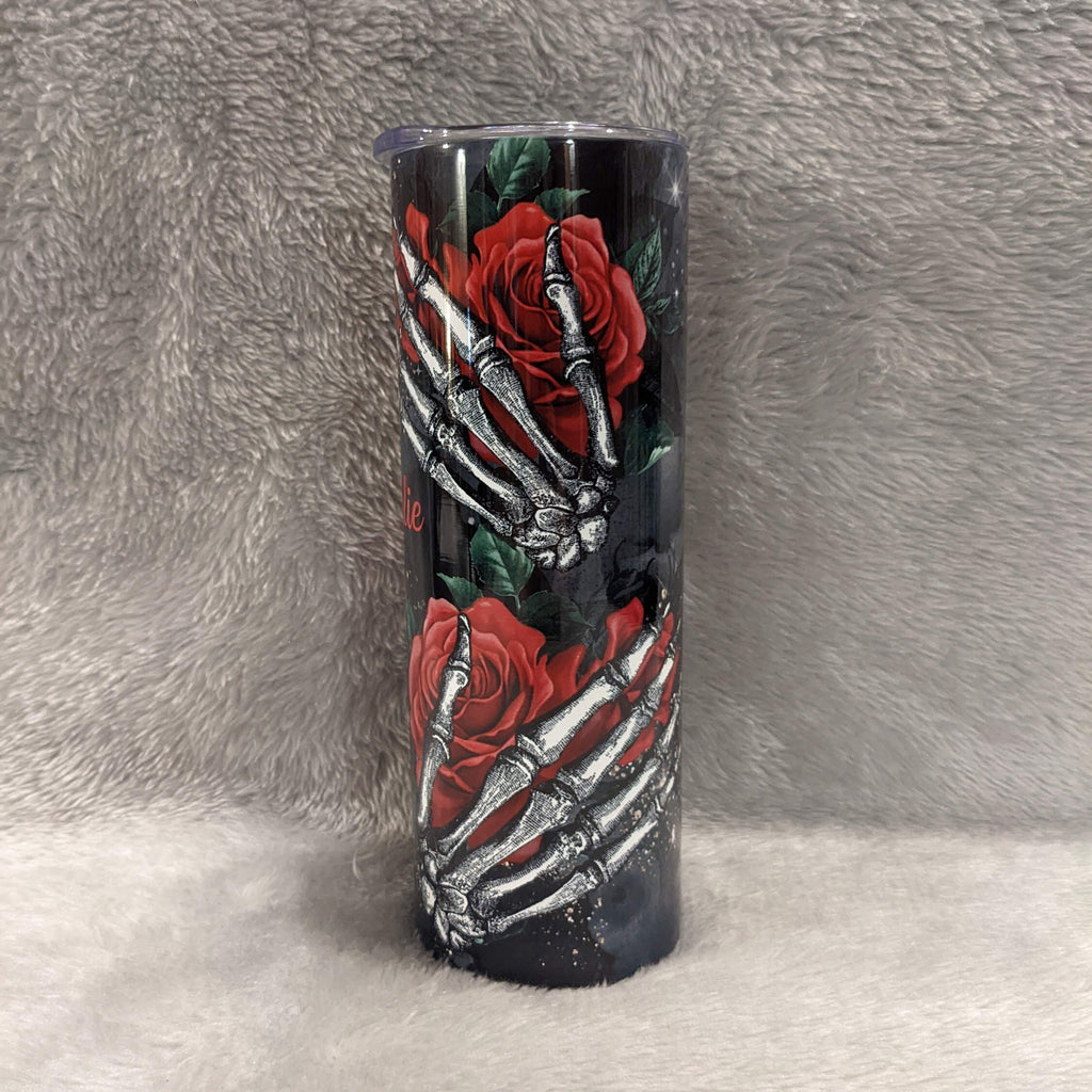 Skeleton Tumbler With Red Roses, Can Be Personalized, 20oz Skinny Tumbler With Straw, For Home Or On The Go, Hot Cold Drinkware