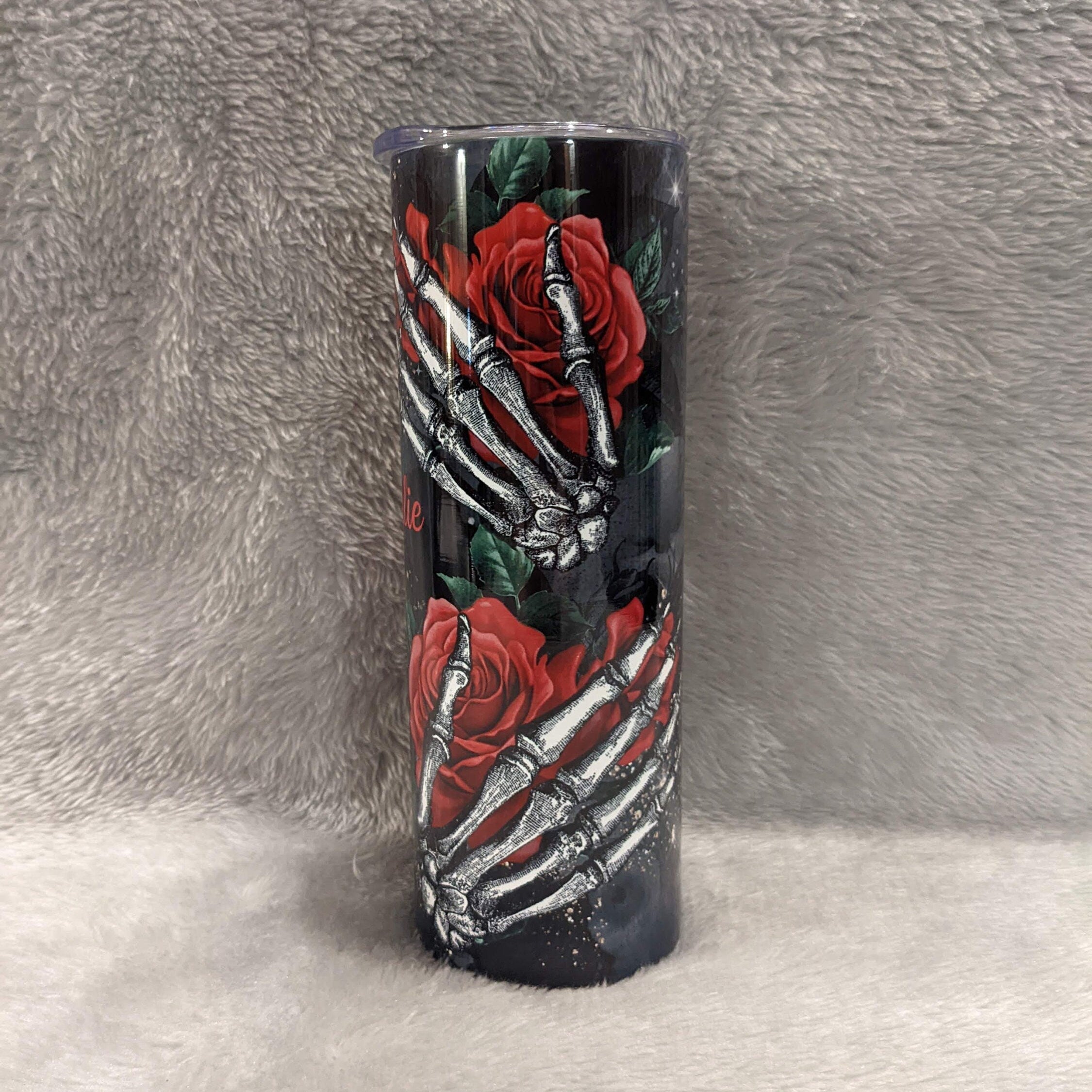 Skeleton Tumbler With Red Roses, Can Be Personalized, 20oz Skinny Tumbler With Straw, For Home Or On The Go, Hot Cold Drinkware