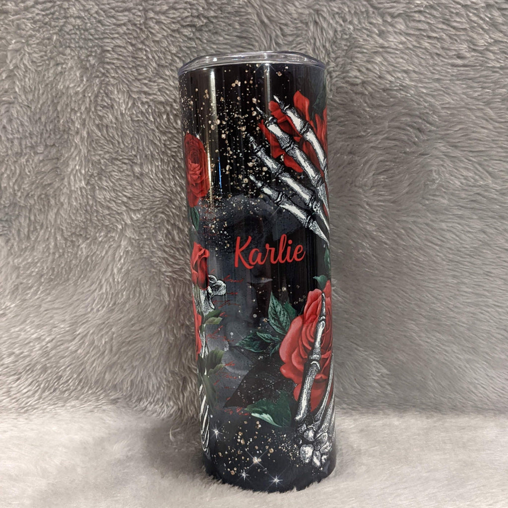 Skeleton Tumbler With Red Roses, Can Be Personalized, 20oz Skinny Tumbler With Straw, For Home Or On The Go, Hot Cold Drinkware
