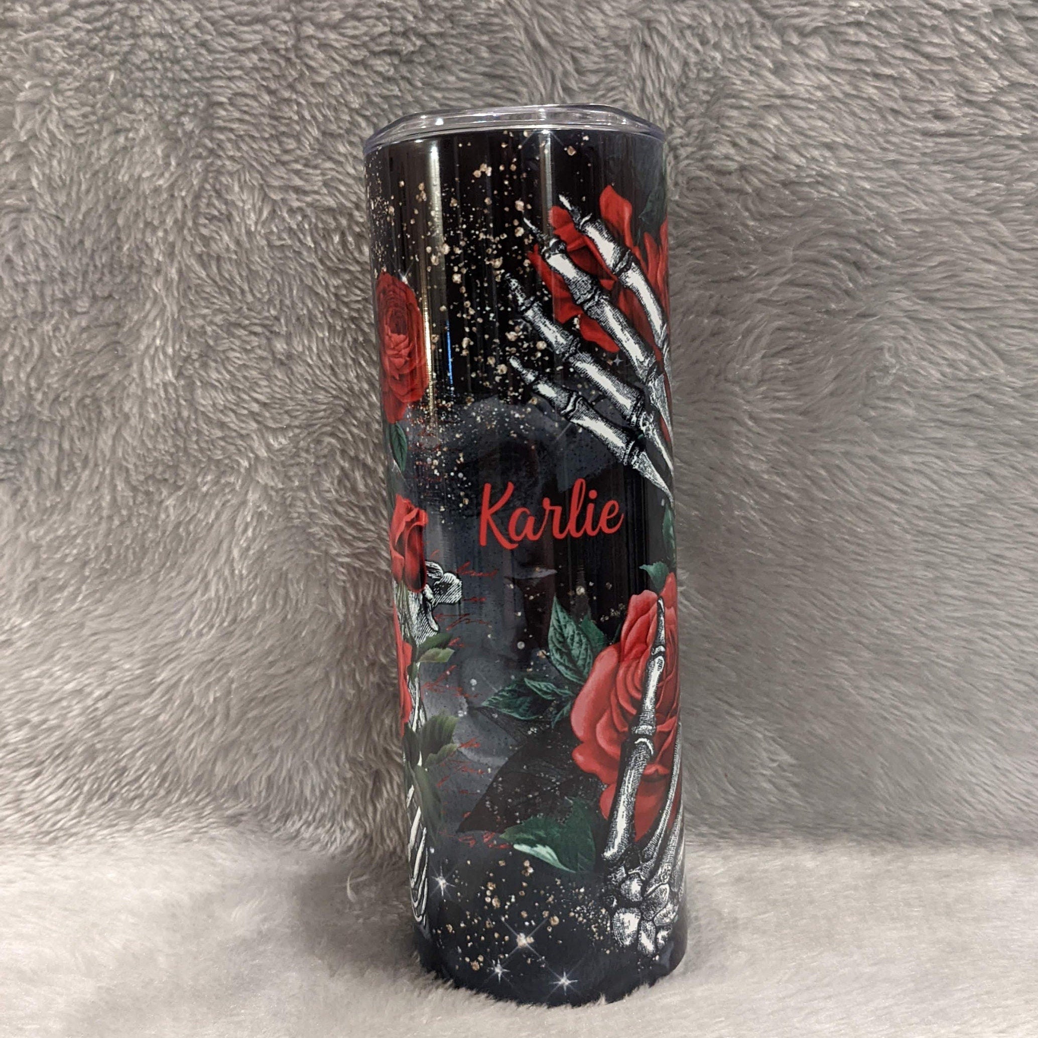 Skeleton Tumbler With Red Roses, Can Be Personalized, 20oz Skinny Tumbler With Straw, For Home Or On The Go, Hot Cold Drinkware