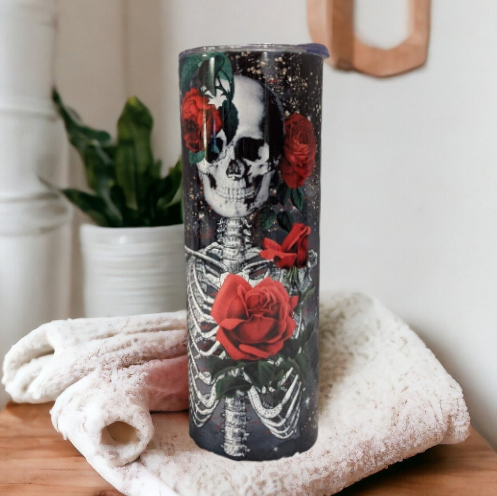 Skeleton Tumbler With Red Roses, Can Be Personalized, 20oz Skinny Tumbler With Straw, For Home Or On The Go, Hot Cold Drinkware