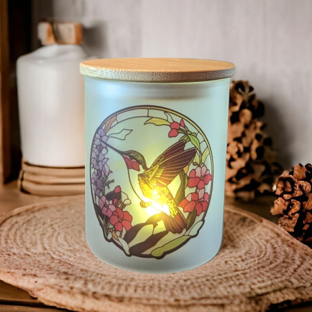 Stained Glass Hummingbird Candle Holder With A Battery Operated Flickering Tea Light